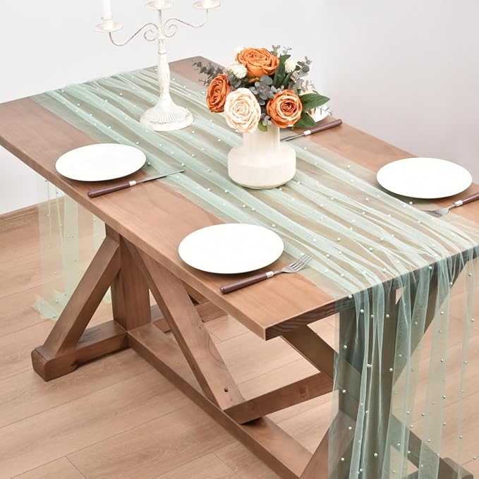 Sage Green Pearl Fall Thanksgiving Table Runner Boho Rustic Tulle Lace Table Runner for Baby Shower Wedding Arch Decor Veil Dessert Table Decor