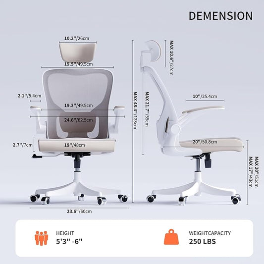 Monhey Office Chair Ergonomic Desk Chair with Lumbar Support&Headrest&Flip-up Arms Height Adjustable Rocking Swivel Computer Chair Multi-Angle from 90° to 125° with 350LBS Capacity (02White+Khaki)