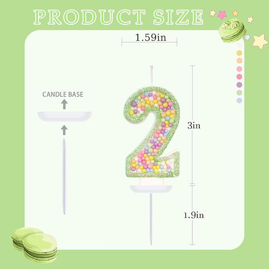 Birthday Candles - Number 2 Candle, Colorful Macaron Candles for Boys/Girls, Green Cake Decorations, Dinosaur Themed Party Supplies