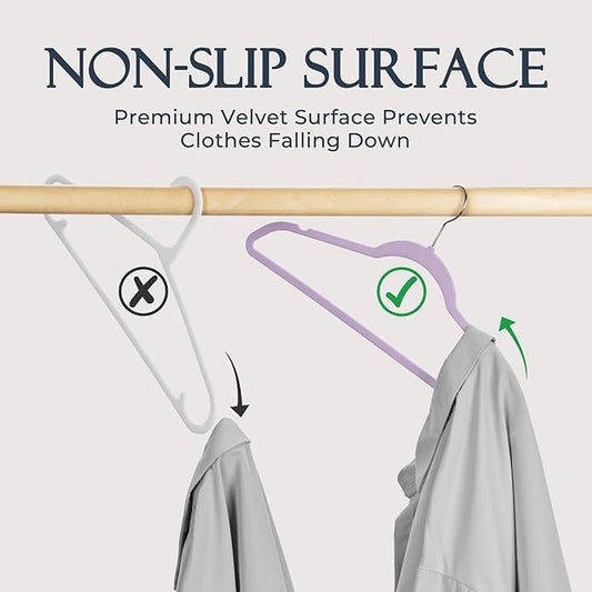 HOUSE DAY Lt-Purple Velvet Hangers 60 Pack, Non Slip Clothes Felt Hanger Heavy Duty for Coat, Premium Slim Space Saving Suit Hangers for Closet Organizer, 360° Rotating Silver Hook