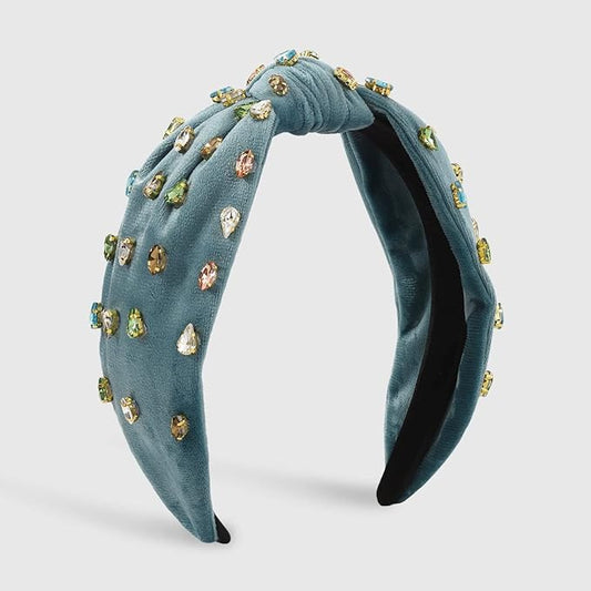 JILIYUPA Carnival Headband Rhinestone Cross Knotted Turban Hair Hoop Carnival Crystal Twist Velvet Wide Hairband Party Hair Accessory (Sky blue, Yellow)
