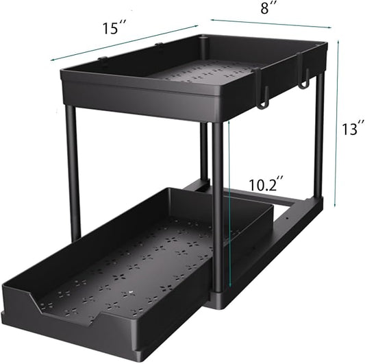 DEKAVA Under Sink Organizer 2 Pack, Bathroom Cabinet Organizer, 2 Tier Sliding Cabinet Basket Organizer Drawer, Multi-Purpose Bath Collection Baskets for Bathroom (Black)