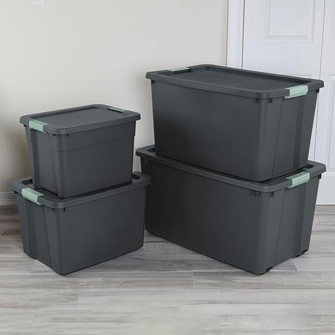 Sterilite 18 Pack 20 Gallon Latch Tote, Stackable Plastic Storage Bin Container, Gray/Green