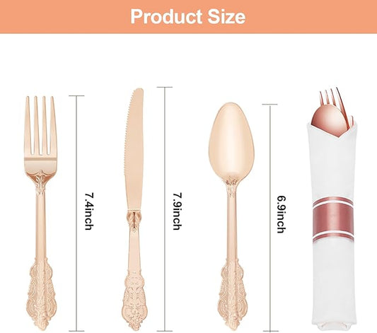 100 Pack Rose Gold Plastic Silverware with Pre Rolled Napkins for 100 Guests, Heavyweight Rose Gold Disposable Utensils Sets Includes 300 Plastic Cutlery, 100 Napkins for Party & Wedding