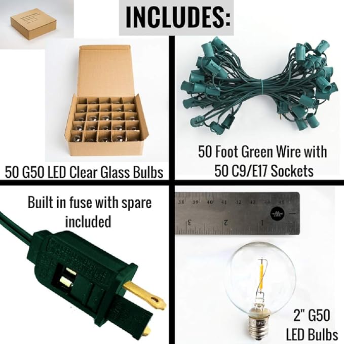 Hometown Evolution, Inc. G50 2" LED Filament Outdoor Patio String Lights with 0.6 Watt Light Bulbs (G50 LED - Green Wire, 50 ft)