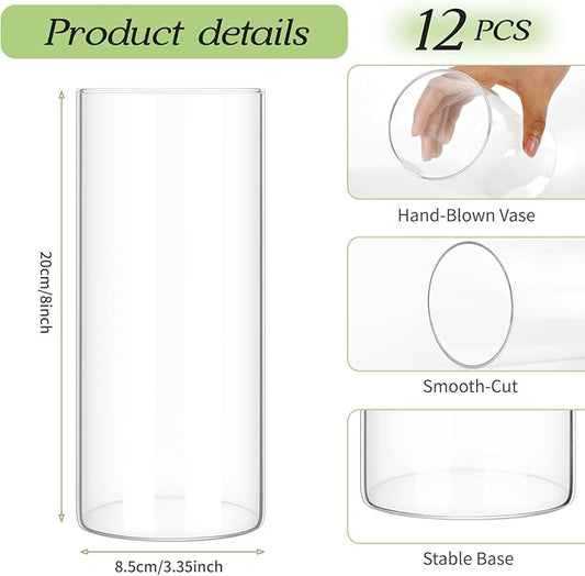 12 Pack Glass Cylinder Vases 8 Inch Tall Clear Flower Vase for Centerpieces, Hurricane Floating Candle Holder Wedding Decorations, Floral Vase Bulk for Table Shelf Party Home Deco (8 x 3.35 Inch)