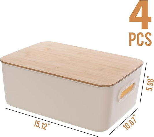 Citylife 4 PCS Storage Bins with Bamboo Lids Plastic Storage Containers for Organizing Stackable Storage Box with Handle, 14 x 10.6 x 6.18 inch