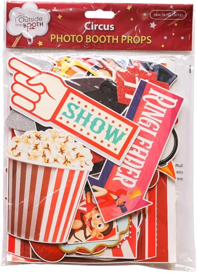Carnival Photo Booth Props - 41-pc Photobooth Kit with 8 x 10-Inch Sign, 60 Adhesive Pads, 45 Sticks - Circus Theme Party Decorations - Carnival Backdrop