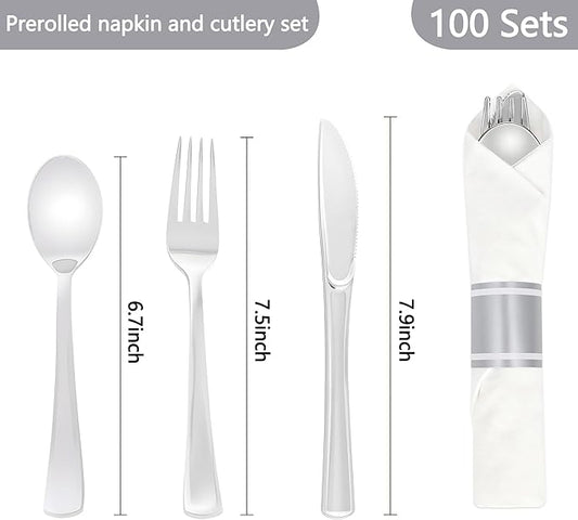100 Pack Pre Rolled Silver Plastic Silverware Set,Wrapped Plastic Cutlery Set with Napkin Include 100 Forks,100 Spoons,100 Knives and 100 White Napkins for Party, Wedding,showers,Christmas