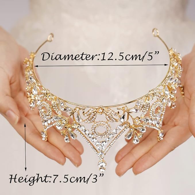 Wekicici Baroque Queen Crown Gold Crystal Tiara Rhinestone Princess Wedding Headband for Women Birthday Pageant Party(Gold)