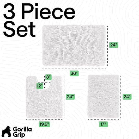 GORILLA GRIP Bathroom Rug Sets 3 Piece, Bath Mat Set and Oval Toilet Base with Rubber Backing, Plush Absorbent Shaggy Chenille Washable Mats, Includes 24x19.5, 24x17 and 36x24 Inch Rugs, Cream