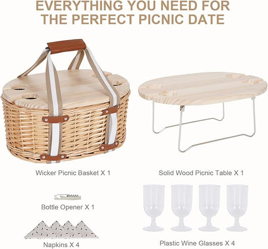 Picnic Basket Set for 4 - Wicker Insulated Picnic Basket with Folding Wine Table, Wine Picnic Kit with Liner for Couples, Camping, Outdoor, Valentine (Cherry)