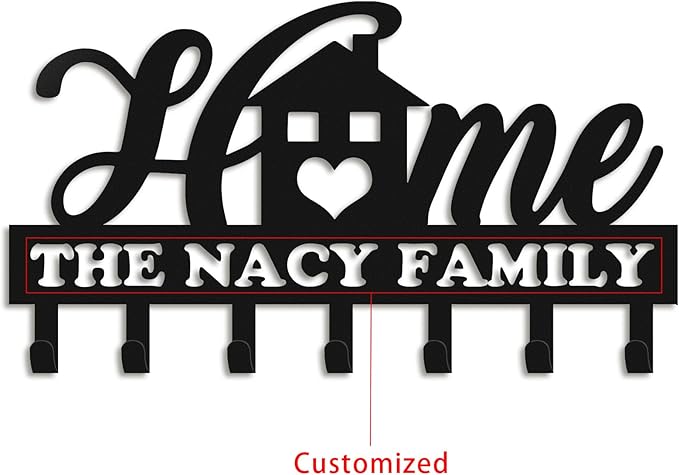 Personalized Key Holder for Wall, Metal Key Holder Wall Mount, Sweet Home Coat Rack for Living Room Bedroom Entryway, Mounted Key Hanger with Hooks, Housewarming Gift (05-Home)