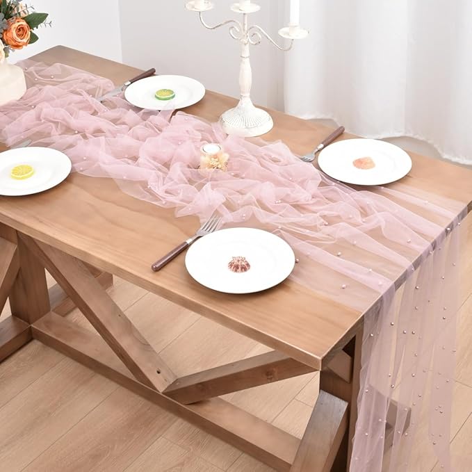 Blushing Pink Pearl Fall Thanksgiving Table Runner Boho Rustic Tulle Lace Table Runner for Baby Shower Wedding Arch Decor Veil Dessert Table Decor 3pcs