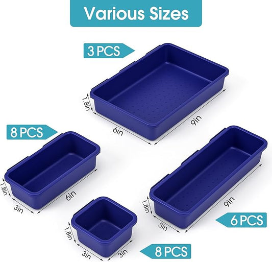 25 PCS Drawer Organizer Set, 4 Size Makeup Drawer Divider Organizer With Non-Slip Pads, Interlocking Plastic Storage Bins for Office,Jewelry Vanity,Gadgets, Bathroom,Kitchen, Navy