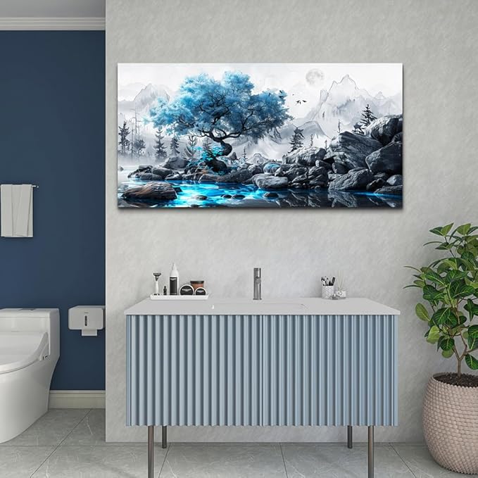 FUHAIHUA Large Wall Decor For Living Room Canvas Wall Art For Bedroom Office Decor Black And White Wall Pictures Artwork Blue Tree Landscape Painting Ready To Hang Hotel Room Home Decoration 24x48