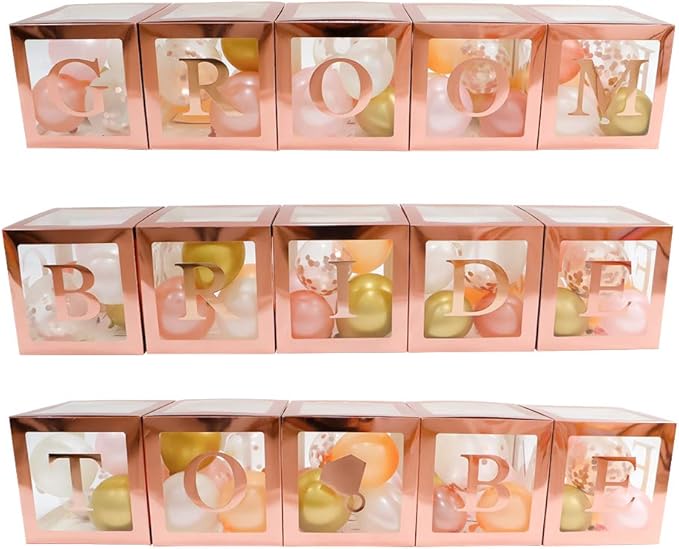 96 PC Bridal Shower Decorations Balloon Boxes Rose Gold - Transparent Block with BRIDE TO BE + GROOM + A - Z Letters and 40 Balloons- Engagement Bachelorette Parties Weddings Centerpieces Photo Booth