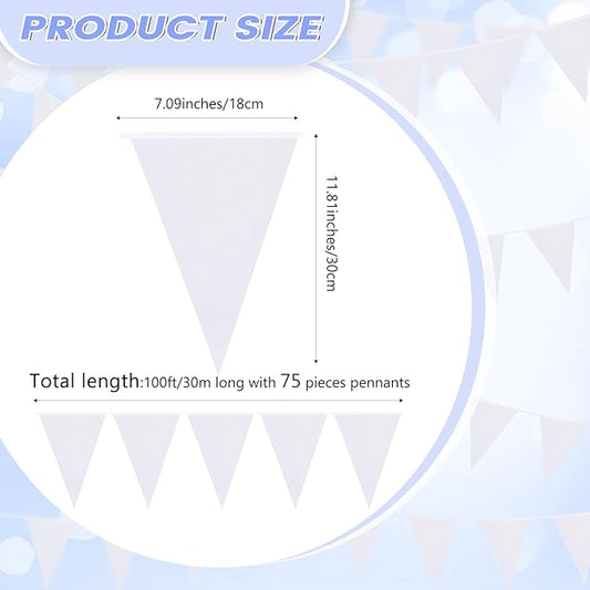 100 Feet Pennant Banners Flags 75 Solid String Triangle Flags for Grand Opening, Carnival Theme Birthday Party Decoration Outdoor Events Classroom Decoration(White)