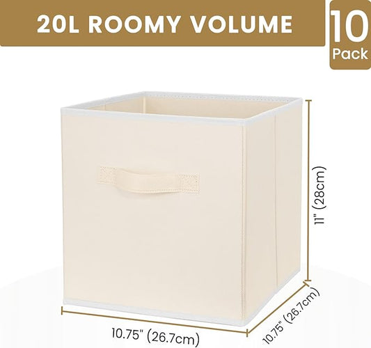 Criusia Storage Cubes, 11 Inch Clothes Storage Bins with Dual Handles (10 Pack), Fabric Collapsible Storage Bins for Shelves Closet, Cubby Organizer Bins for Clothing Toys Blanket Yarns (Beige)