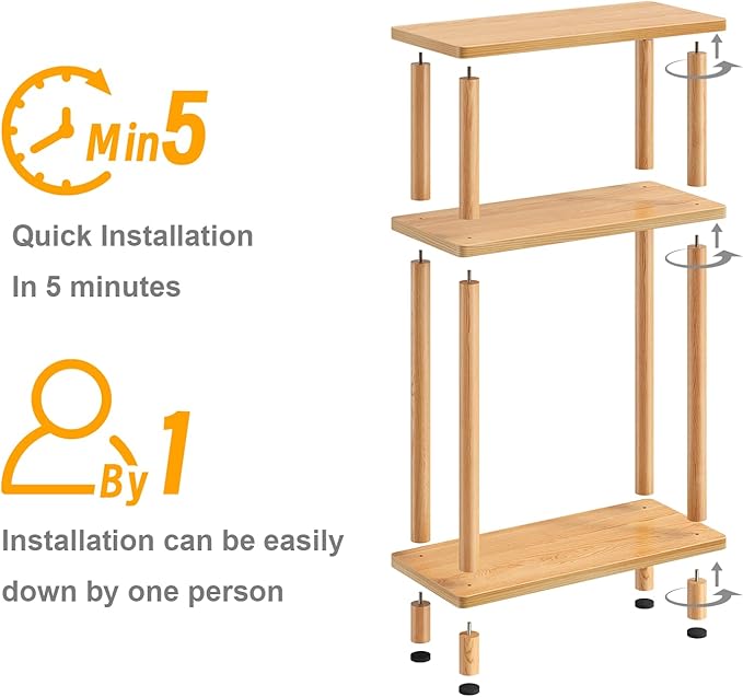 Apicizon Small Narrow Side Table, 3-Tier Skinny End Table for Small Spaces, Slim Nightstand with Storage Shelf, Bedside Table for Living Room, Bedroom, Natural