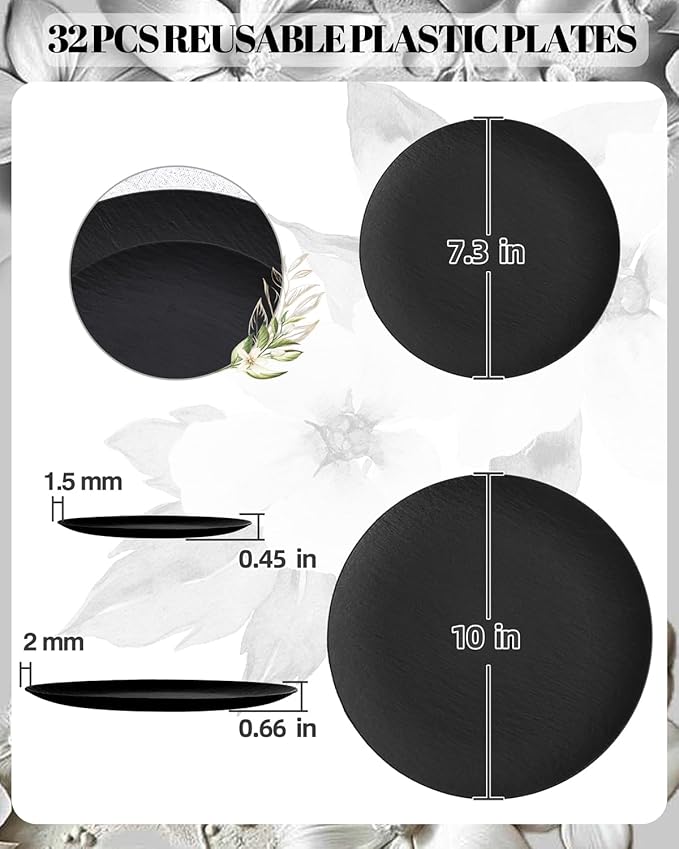 WONDERFUL 32pcs Black Plates Black Plastic Plates Unbreakable and Reusable Plastic Plate Dishwasher safe Dishes Set Includes:16 Dinner 10" & 16 Dessert Plate 7.3" Suitable for Christmas New Year