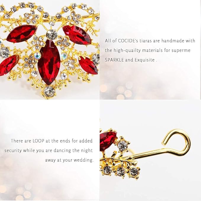 Gold Tiara and Crown for Women Red Gem Queen Crowns with Comb Rhinestones Headband for Girls Crystal Wedding Hair Accessories for Bachelor Party Bride Bridal Prom Halloween Costume Cosplay