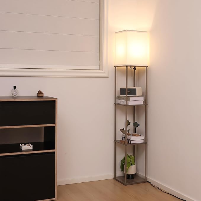Floor Lamp with Shelves, Modern Square Standing Lamp with 3 Color Temperature Bulb, Corner Display Bookshelf Lamp for Living Room, Bedroom and Office (Grey)
