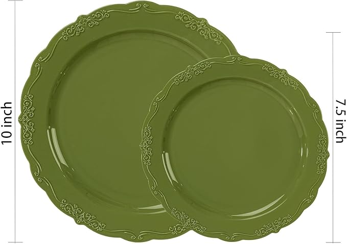 U-QE 100PCS Olive Green Plastic Plates - Plastic Green Plates Disposable Heavy Duty - Olive Disposable Plates for Party Including 50PCS 10'' Dinner & 50PCS 7.5'' Dessert