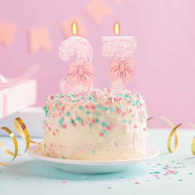 27th Birthday Number Candles with Bow, Pink, Number 27, Modern, Smokeless, Non-Toxic, Unscented, Indoor, Novelty Candle, 3.1 inches, 3 inches, 1 Count