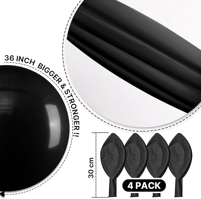 PartyWoo Black Balloons 4 pcs 36 Inch Latex Helium Matte Black Balloons for Baby Shower Birthday Graduation Casino Gaming Anniversary Retirement Pirate Race Car Theme Party Decorations Black-Y18