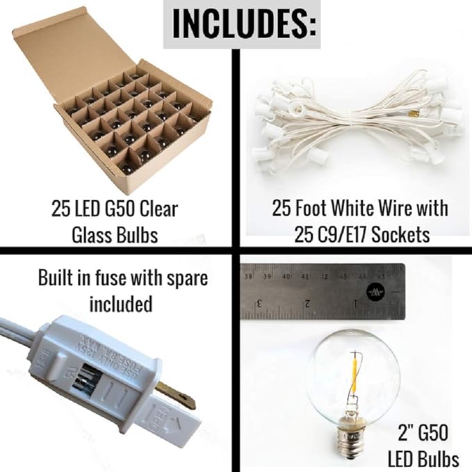 Hometown Evolution, Inc. G50 2" LED Filament Outdoor Patio String Lights with 0.6 Watt Light Bulbs (G50 LED - White Wire, 25 ft)