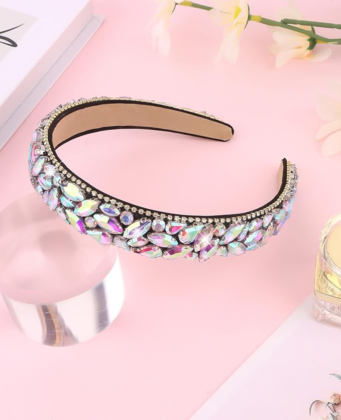 Wecoe Rhinestone Headband Women Vintage AB Silver Headband Non Slip Fashion Bling Sparkly Diamond Hairband Halloween Renaissance Costume Hair Accessories For Women Girls Holiday Birthday Gift