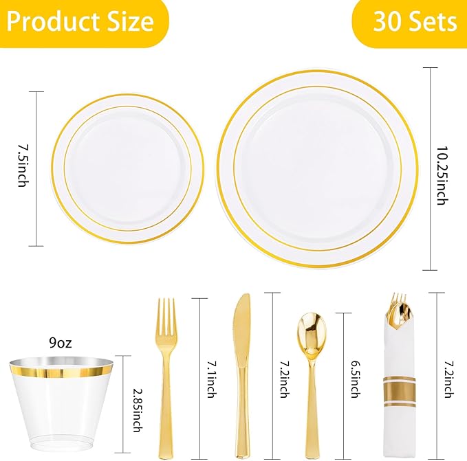 DaYammi 210PCS Gold Plastic Dinnerware Set Christmas Plates Disposable Disposable Plates for Party, Include: 30 Dinner Plates, 30 Dessert Plates, 30 Pre Rolled Napkins with Gold Silverware, 30 Cups