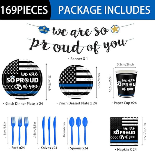142Pcs Police Academy Graduate Party Supplies We Are So Proud Of You Police Theme Plates and Napkins Congrats Officer Party Decorations for Police Retirement Grad Graduation Promotion Party Serves 24