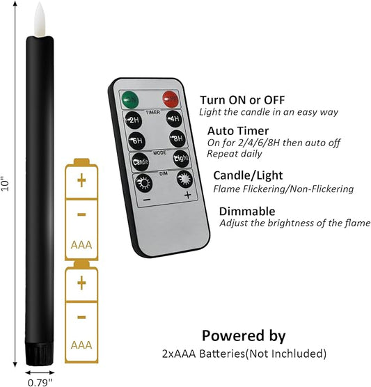 12PCS Flameless Taper Candles with 3D Flickering Flame Battery Operated Candles with 2 Remote with Button Cell Battery 10 Inch Black LED Candlesticks Window Candle for Christmas Home Decor