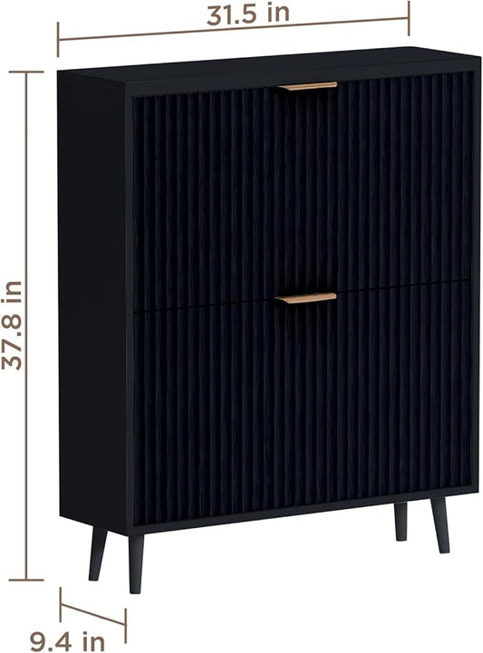 Shoe Cabinet Storage,Modern Freestanding Organizer with 2 Flip Drawers,Narrow Shoe Rack Cabinet for Entryway,Black