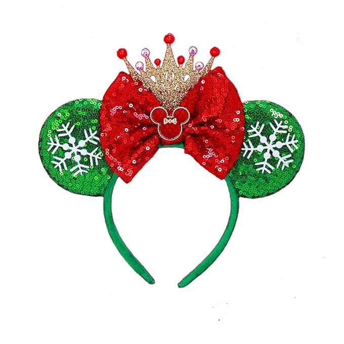 ANIUHL Christmas Mouse Ears Headband Polka Dot Snowflake Angel Rhinestone Hairband Sequin Bow Hair Hoop Headpiece for Party Favors