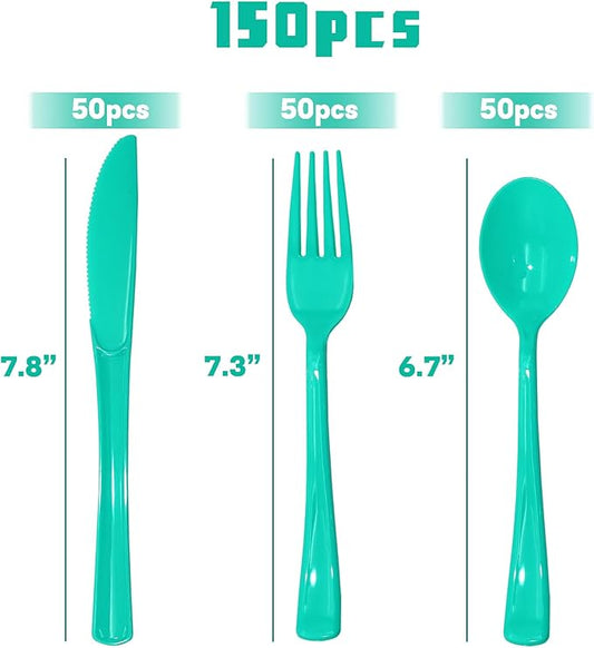 150 Pack Teal Plastic Silverware, Teal Plastic Cutlery Set - 50 Forks and 50 Spoons, 50 Knives for Brithday, Wedding
