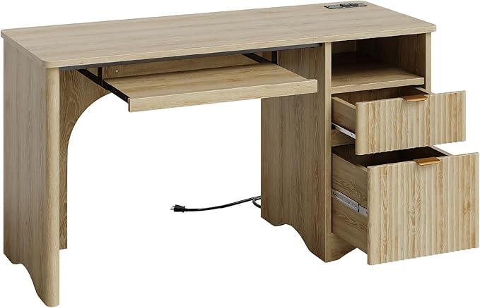 Bestier Computer Desk with Drawer, 55 inch Office Desk with Power Outlet, Modern Home Office Desk with Keyboard Tray (Natual Oak, 55" W with Single-Sided Drawers)