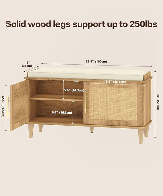 Rattan Shoe Storage Bench with Cushion, 2-Tier Entryway Bench with Adjustable Shelves and 2 Doors, 15" D x 39.4" W x 20" H, Solid Wood Legs, for Hallway, Living Room, Bedroom, Natural Oak