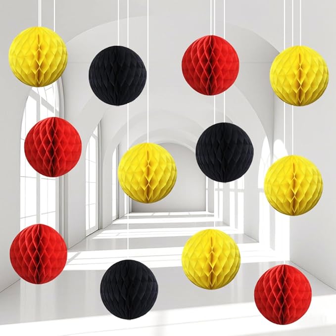 Capesaro 12pcs Red Black Yellow Hanging Honeycomb Birthday Party Decorations for Kids(6" 8" 10" Red Black Yellow Set)
