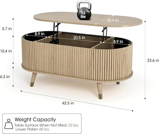 42.5" Oval Lift Top Coffee Table with Storage, Modern Oak Center Table with Fluted Design,Pop Up Coffee Table for Living Room,Solid Wood Legs & Hidden Compartment