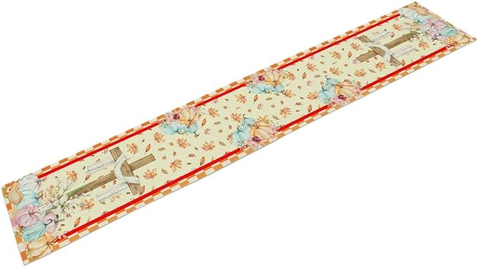 Watercolor Pumpkin Table Runner Fall Flowers Falling Leaves Cross Harvest Season Thanksgiving Rustic Home Decor for Farmhouse Indoor Outdoor Party Holiday Dining Kitchen Restaurant Cafe W13xL72in