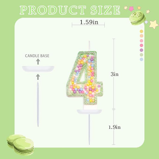 Birthday Candles - Number 4 Candle, Colorful Macaron Candles for Boys/Girls, Green Cake Decorations, Fairy Tale Themed Party Supplies