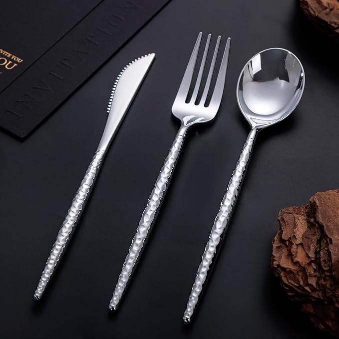 SUT 300PCS Silver Plastic Silverware, Utensils Plastic Disposable, Utensils Set Includes 100 Knives, Forks and Spoons, plastic cutlery, Disposable Silverware for Party, Hammered Silverware Set
