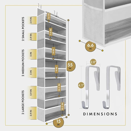 HOMELUX THEORY UPGRADED 6 Tiers Over The Door Organizer Hanging - 100D EXTRA THICK & 50lbs HUGE CAPACITY, 12 Side Mesh Pockets Over The Door Shoe Organizer, Hanging Closet Organizer (Light Gray, 2pc)
