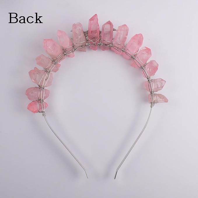 Raw Crystal Tiara Headbands, Natural Rhinestone Quartz Hair Band for Women Girls (pink)