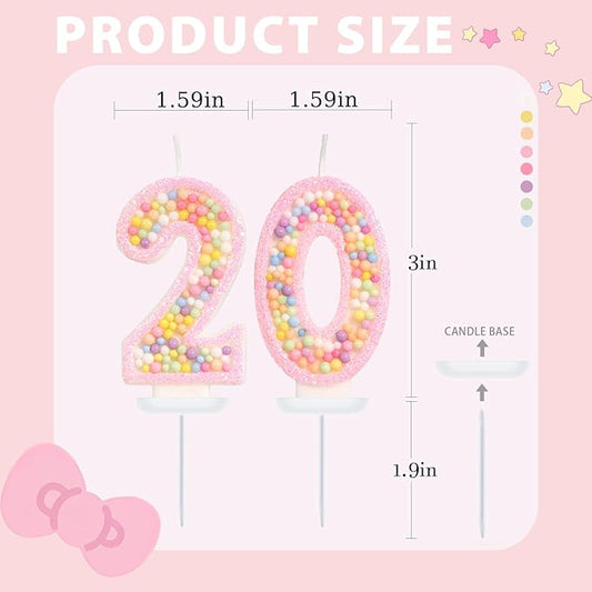 Birthday Candles - Number 20 Candle, Colorful Macaron Candles, 20 Birthday Decorations for Girls, Cake Decorations, Sweet Theme Party Supplies (Pink)