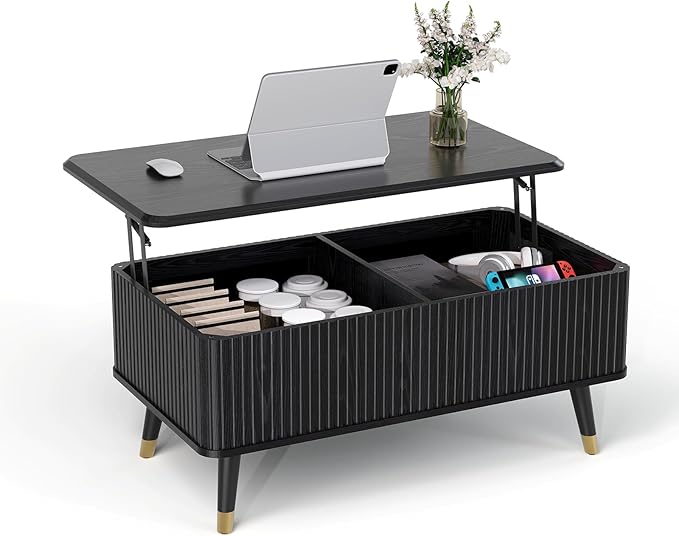 Lift Top Coffee Table with Storage, Modern Black Fluted Design, Pop-Up Center Table with Hidden Compartment for Living Room & Home Office Work/Dining