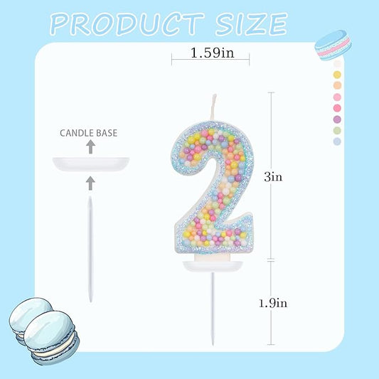 Birthday Candles - Number 2 Candle, Colorful Macaron Candles for Boys/Girls, Blue Cake Decorations, Cartoon Theme Party Supplies